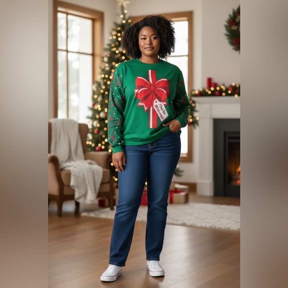 NWOT Holidays Women’s Green Christmas with Red Bow Print Sleeves Sweatshirt- XL